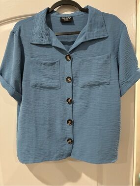Relaxed Short-Sleeve Button-Up Shirt in Dusty Blue by Julie & Joy